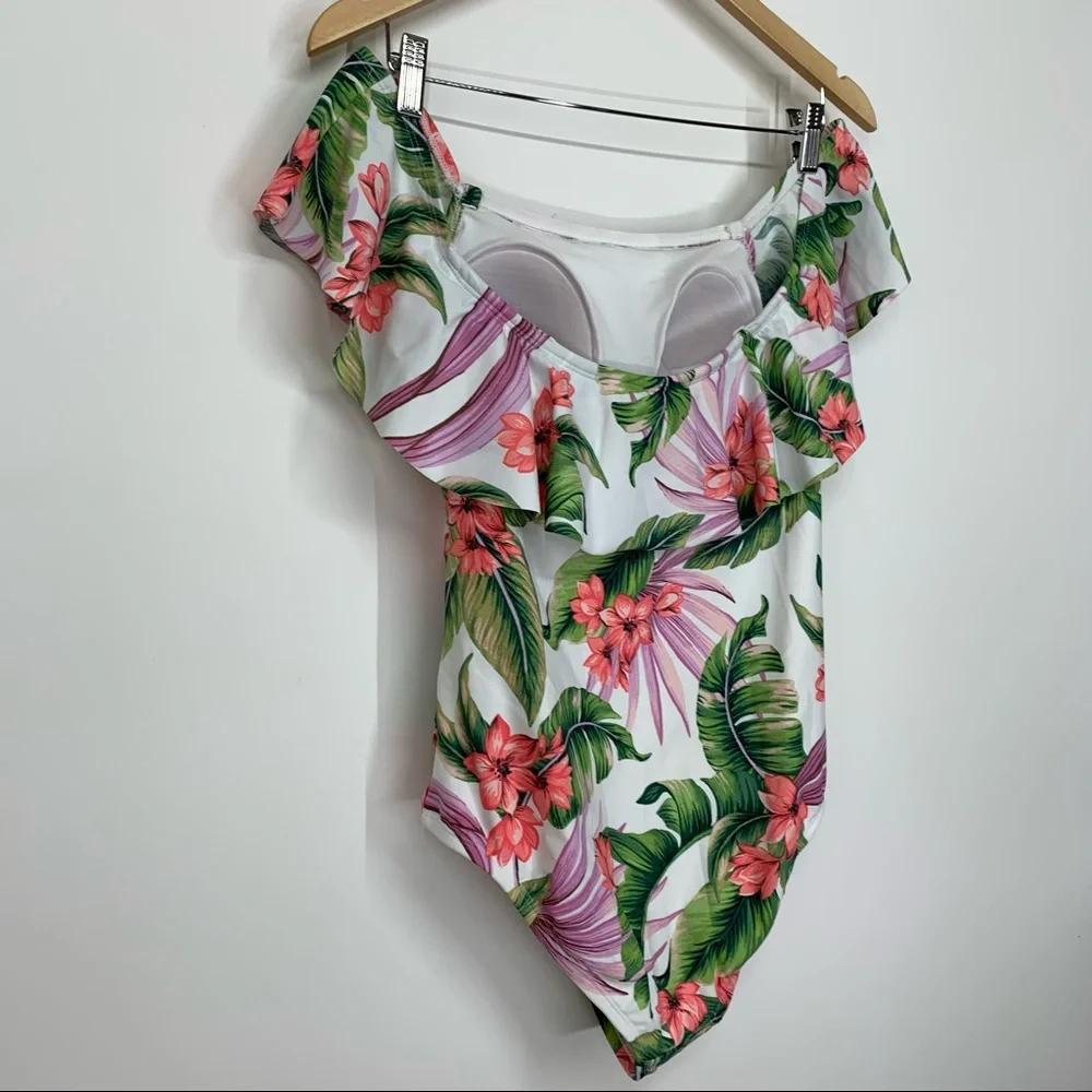 Kona Sol Ruffle Off The Shoulder Tropical High Coverage One Piece Swimsuit